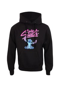 Felpa nera con cappuccio caratterizzata da una grafica di Stitch, un personaggio alieno blu, con la parola "Stitch" in rosa sopra. Include una tasca frontale e cordini.