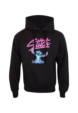 Black hoodie featuring a graphic of Stitch, a blue alien character, with the word "Stitch" in pink above. Includes a front pocket and drawstrings.