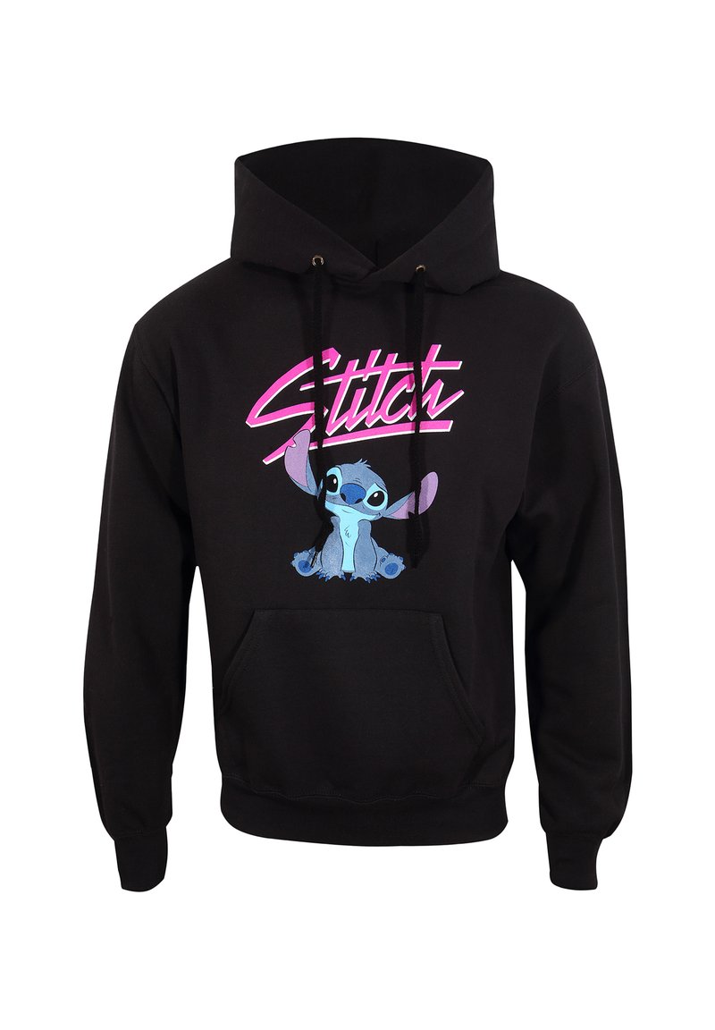 Felpa nera con cappuccio caratterizzata da una grafica di Stitch, un personaggio alieno blu, con la parola "Stitch" in rosa sopra. Include una tasca frontale e cordini.