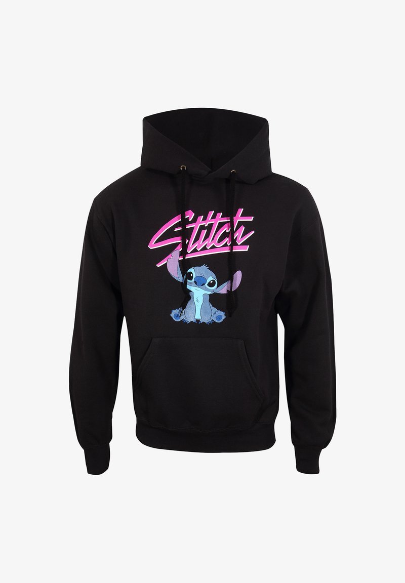 Felpa nera con cappuccio caratterizzata da una grafica di Stitch, un personaggio alieno blu, con la parola "Stitch" in rosa sopra. Include una tasca frontale e cordini.