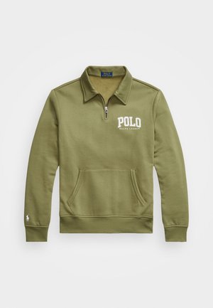Pulôver verde-oliva de mangas longas com gola com zip, bolso frontal tipo pouch e logótipo "POLO RALPH LAUREN" em branco no peito.