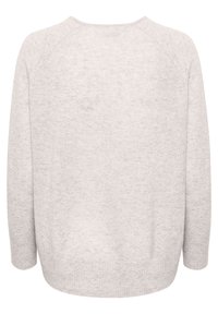 Pull en maille gris clair à manches longues avec col rond et poignets et ourlet côtelés, vu de dos.