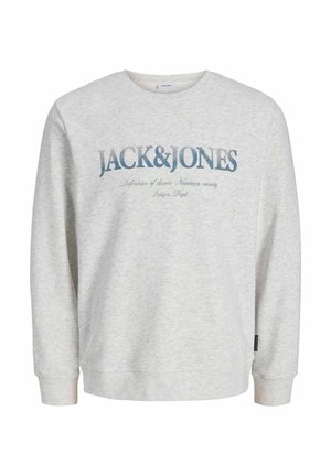 Sweat-shirt gris clair en tissu doux, avec un col rond et un texte imprimé en bleu foncé, doté de poignets et d'un ourlet côtelés.