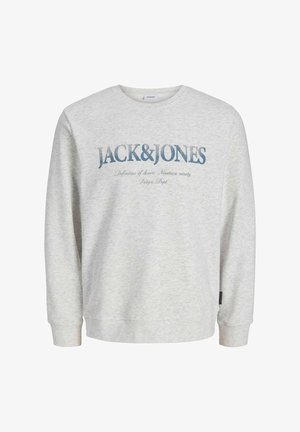 Light gray sweatshirt made of soft fabric, featuring a round neckline and printed text in dark blue, with ribbed cuffs and hem.