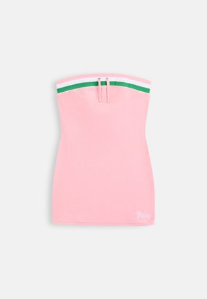 Strapless pink mini dress with green and white striped trim at top, drawstring detail, and small white "Juicy" logo at bottom hem.