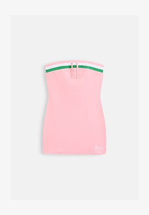 Strapless pink mini dress with green and white striped trim at top, drawstring detail, and small white "Juicy" logo at bottom hem.