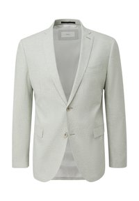 Lichtgrijze blazer met een gestructureerde stof, notch lapezen, een enkel-breasted ontwerp, twee knopen en een borstzak aan de linkerzijde.