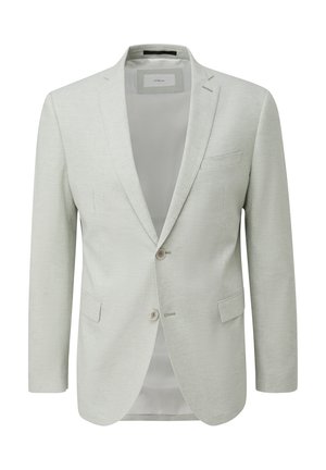 Hellgrauer Blazer aus strukturiertem Stoff, mit Reverskragen, einreihiger Knopfleiste, zwei Knöpfen und einer Brusttasche auf der linken Seite.