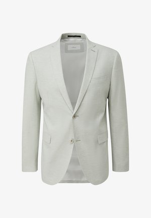 Lichtgrijze blazer met een gestructureerde stof, notch lapezen, een enkel-breasted ontwerp, twee knopen en een borstzak aan de linkerzijde.