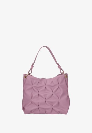 Borsa a tracolla in pelle trapuntata rosa con parte superiore curvata, doppio manico e finiture in oro. Texture morbida, dimensioni medie e design plissettato.