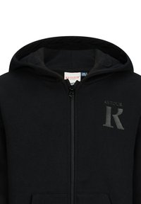 Felpa nera con zip realizzata in tessuto morbido. Caratterizzata da un cappuccio, tasche frontali e un logo discreto nell'area sinistra del petto.