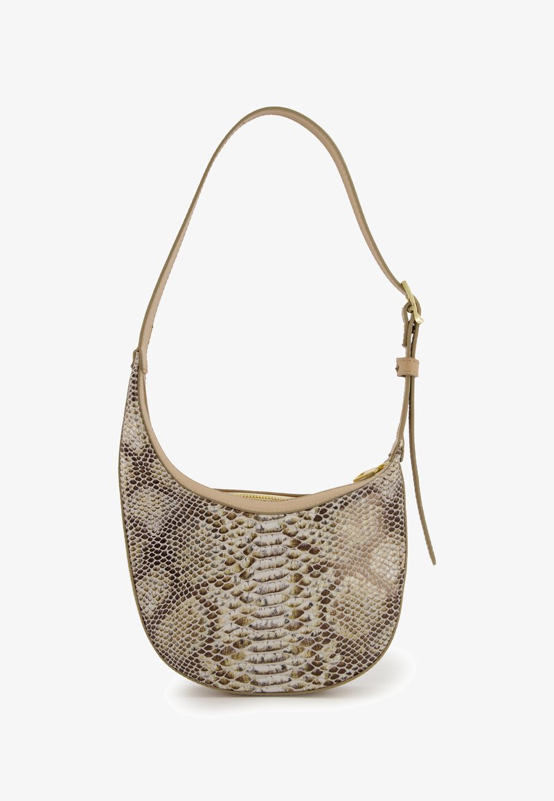 Torebka z tłoczeniem wężowym w odcieniach beżu i brązu. Posiada zakrzywiony kształt, regulowany pasek na ramię oraz złoty zamek błyskawiczny.