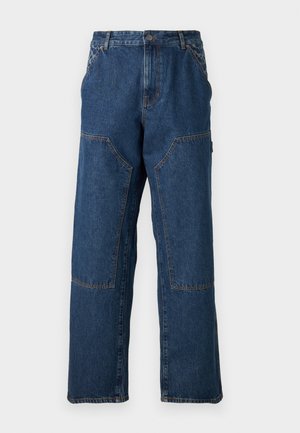 Denim broek met een comfortabele pasvorm, donkerblauwe kleur, contrasterende stiksels en voorzakken. Minimalistisch ontwerp met een rechte pijp.