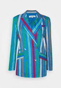 Gestreepte blazer met blauw, groen, bruin en rood. Double-breasted ontwerp met ingezakte revers en twee voorkantenzakken.