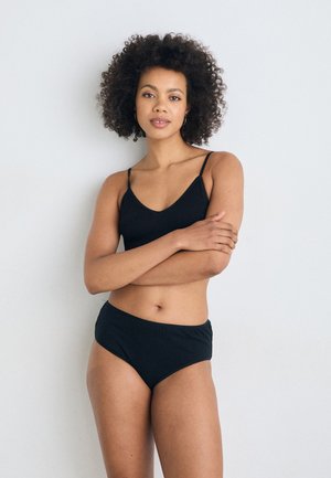 Black ribbed bralette and high-waisted briefs set. The bralette features thin straps and a v-neck design. Smooth texture throughout.