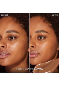 Before-and-after comparison of a model's face. Left side shows blemishes; right side displays a smooth complexion with caramel-toned foundation applied.