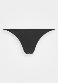 Fundo de biquíni preto tipo string feito de um tecido liso e elástico. Apresenta tiras finas e um design minimalista, sem padrões ou acentos visíveis.