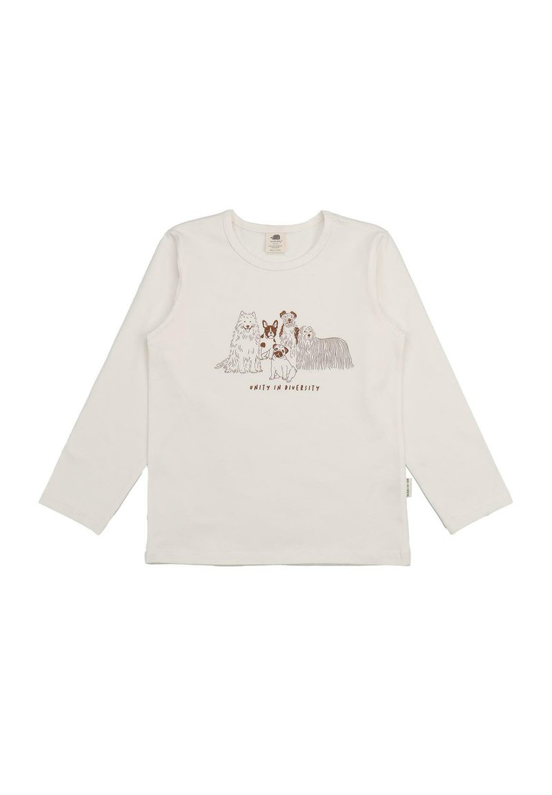 Langärmliges cremefarbenes Shirt aus Baumwolle, mit einer liniengezeichneten Illustration von fünf Hunden und dem Text "Einheit in Vielfalt" darunter.