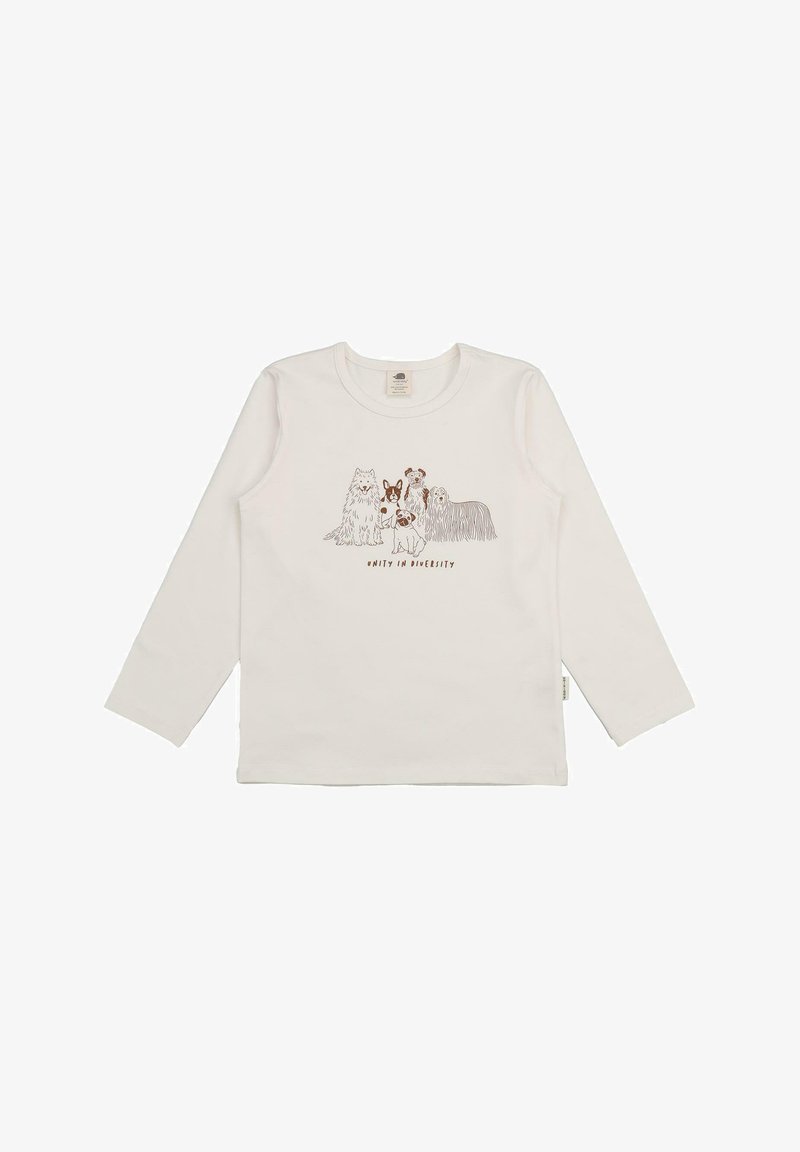 Long-sleeve cream shirt made of cotton, featuring a line-drawn illustration of five dogs with the text "Unity in Diversity" below.