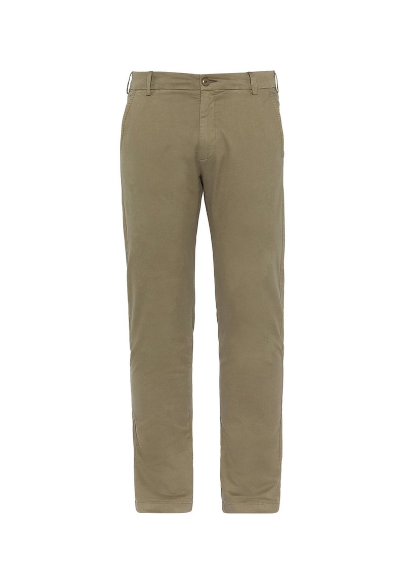 Khaki katoenen chinos met een rechte pijp, voorzien van een knoopsluiting, zijzakken en een glad, mat textuur.