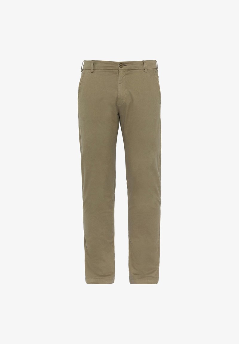 Khaki katoenen chinos met een rechte pijp, voorzien van een knoopsluiting, zijzakken en een glad, mat textuur.
