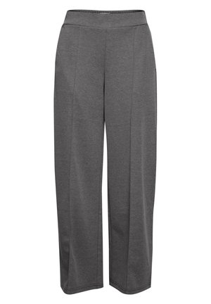 Grå vidde bukser med en glat tekstur, elastisk talje og ingen synlige lukninger. Enkel design med rene linjer og afslappet pasform.