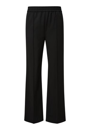 Zwarte wijde broek met een elastische tailleband, voorzien van twee voorplooien en een gladde, gestructureerde stof.