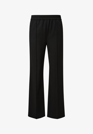 Zwarte wijde broek met een elastische tailleband, voorzien van twee voorplooien en een gladde, gestructureerde stof.