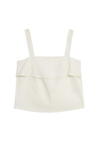 Weißes Leinen- Tanktop mit dünnen Trägern und einem geschichteten Rüschendesign an der Brust. Glatte Textur, lässige Passform und schlichte Silhouette.