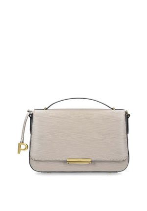 Rectangular beige leather handbag with top handle, gold-tone clasp, and a small gold "P" charm hanging on the side strap.