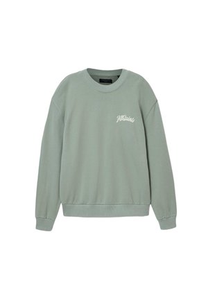 Lysegrøn crewneck-sweatshirt lavet af blødt stof, med ribbede manchetter og kant, med "AllSaints"-logo broderet i hvidt på brystet.