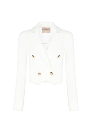Witte cropped dubbelzijdige blazer van gladde stof, met gouden knoopdetails, scherpe revers en lange mouwen.