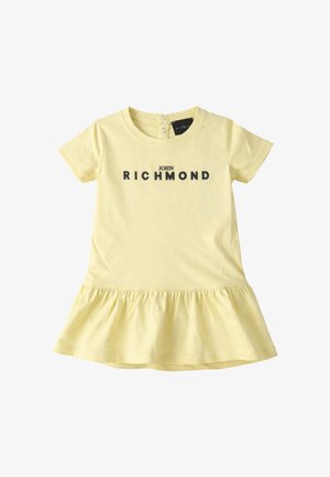 Vestito giallo a maniche corte per bambina, con gonna arricciata e scritta nera "John Richmond" sul petto, dotato di due bottoni automatici sul retro.