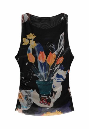Varrukateta must top, millel on mitmevärviline lillemuster tulbide ja nartsissidega potis, valmistatud kergest kangast ja sobiva lõikega.