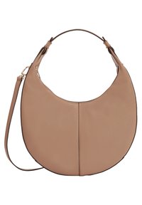 Borsa hobo in morbida pelle beige chiaro con texture, dalla forma curva, dotata di un manico singolo e di una tracolla regolabile.