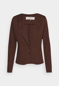 Brun figurnära kavaj med långa ärmar, snedskurna slag och två framknappar. Tillverkad av ett slätt tyg; minimalistisk design utan ytterligare mönster.