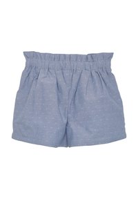 Blå bomullsshorts med elastisk midja, med en samlad design och ett litet vitt prickmönster. Slät textur och avslappnad form.