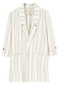 Striped blazer in beige and cream, featuring a notch collar, two front pockets, and cuffed sleeves with button detail. Smooth fabric texture.