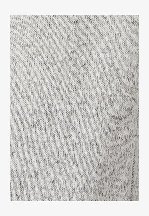 Grauer gestrickter Stoff mit einem gesprenkelten Muster, der eine weiche Textur und mittlere Dicke aufweist, ideal für Freizeitbekleidung.