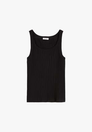 Czarna, prążkowana,m z okrągłym dekoltem i szerokimi ramiączkami. Wykonana z miękkiej, teksturowanej tkaniny, z delikatnymi pionowymi liniami.