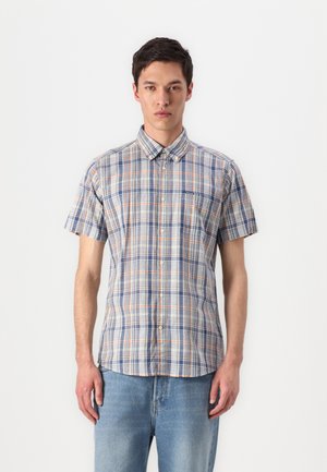 Short-sleeve plaid shirt in blue, orange, and white with a button-down collar and a single chest pocket, made from lightweight fabric.