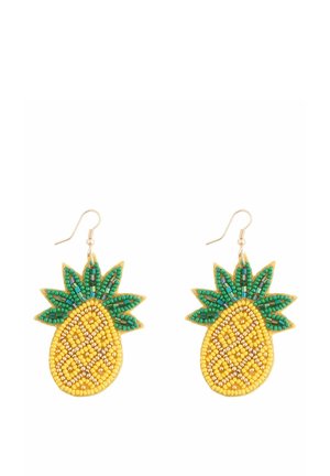 Gelbe und grüne Perlenohrringe in Form von Ananas, mit filigranen Mustern, goldenen Beschlägen und einem strukturierten Design.