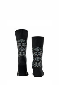 Kniestrümpfe in Schwarz mit geometrischen Mustern in Hellblau und Creme. Gerippte Bündchen. Weicher Stoff. Ideal für Freizeitkleidung.