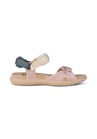 Multicolored sandals featuring pink, beige, and blue straps, soft textile material, cushioned footbed, and flexible rubber outsole.