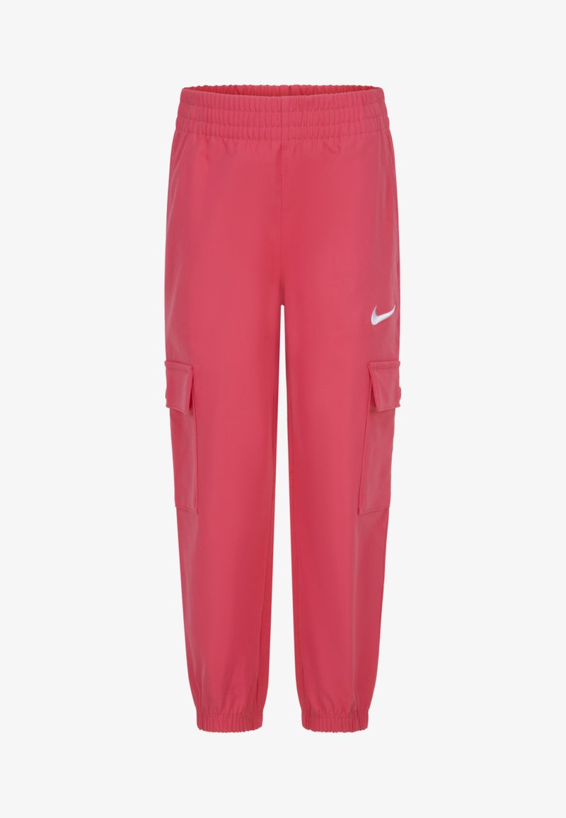 Rozā kravas bikses ar elastīgu vidukļa joslu, savilktiem apkakles galiem, divām sānu kabatām un balto logo akcentu priekšpusē. Gluda tekstūra.