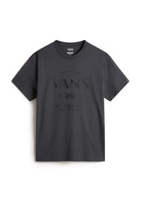Gray cotton t-shirt featuring a crew neck, short sleeves, and a front graphic with "VANS" and other text in a slightly raised design.