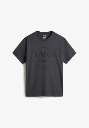 Šedé bavlněné tričko s kulatým výstřihem, krátkými rukávy a předním potiskem se slovem "VANS" a dalším textem ve mírně vyvýšeném designu.