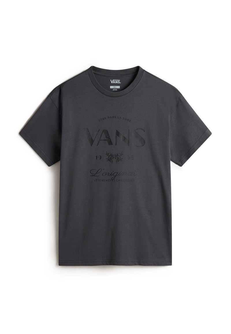 Gray cotton t-shirt featuring a crew neck, short sleeves, and a front graphic with "VANS" and other text in a slightly raised design.