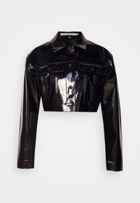 Black cropped jacket made of glossy material with button closures, pointed collar, and two front pockets. Features long sleeves and a tailored fit.