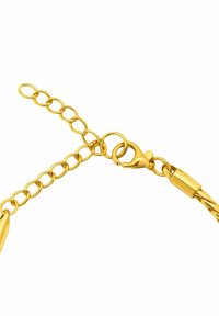 Golden Bracelet mit gedrehter Gestaltung, mit einem Verschluss und einer verstellbaren Kette für Längenvariation. Glatte Textur und glänzende Oberfläche.